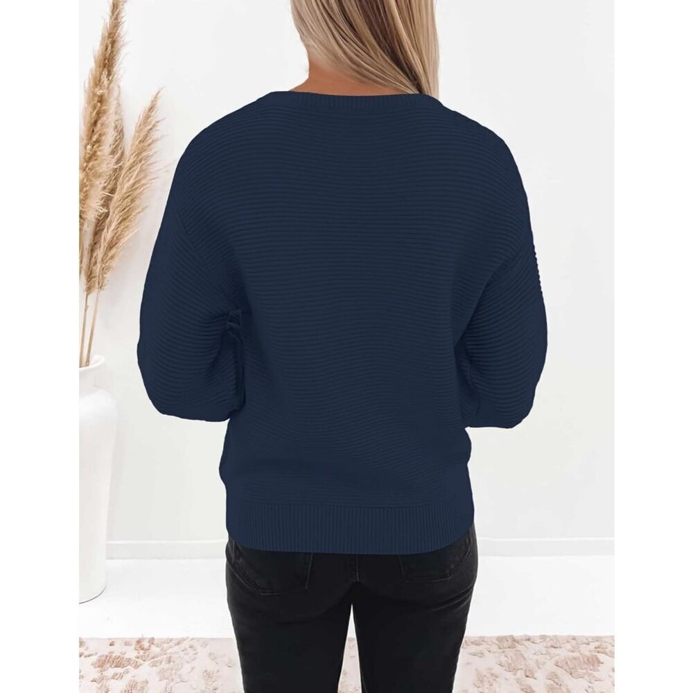 Women's Pullover Sweater Tops Navy Crew Neck Long Sleeve Casual Loose Knit - Picture 5 of 9